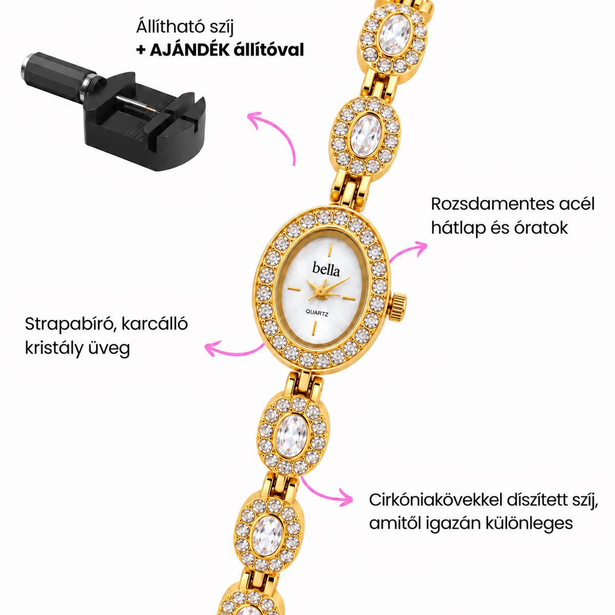 Bella Monaco - Cirkónia köves vintage óra 22mm
